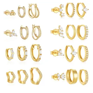 925 Sterling Silver Earring For Women Gold Plated Zirconia Hoop Stud Geometric Earring Jewelry Bow Twist Pattern Accessory