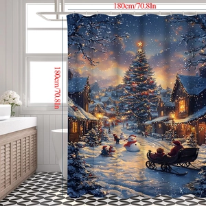 Détail de l'imprimé village de Noël sur rideau de douche en polyester imperméable