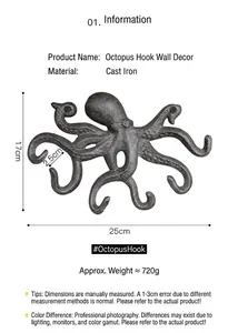 Detailansicht eines Oktopus-Wandhakens aus Gusseisen mit den Maßen 25 cm mal 17 cm