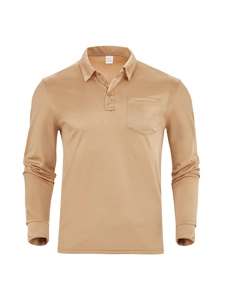 Close-up of khaki long-sleeve polo shirt showing breathable mesh fabric and size label