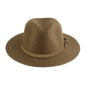 Detail of a brown woven Panama hat with a stylish faux leather belt and metal buckle