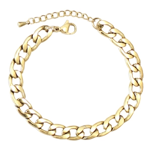 Detail view of gold Cuban chain bracelet with lobster clasp and adjustable extender