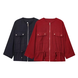Women Sophisticated Casual Safari Jacket Polyester Linen Blend Zipper Pocket Drawstring Waist Long Sleeve Coat For Daily Commute