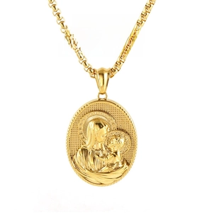 Detailed 3D relief pendant in gold stainless steel with thick circular link chain design
