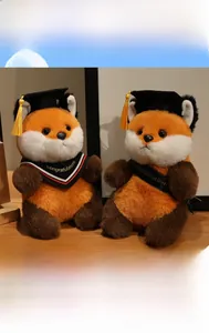 Dettaglio di volpi di peluche con cappelli da laurea e nastri con Congratulations