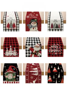 Collage of nine Christmas table runner designs featuring Santa, snowmen, and festive patterns