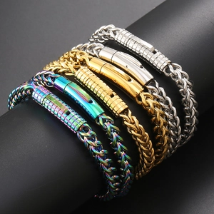 Detail of Franco link bracelets in gold, silver, and rainbow steel on a display
