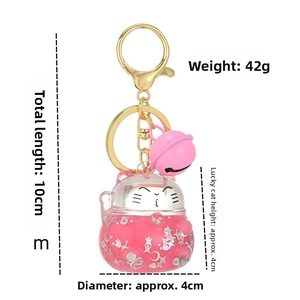 Detailed view of pink lucky cat keychain with liquid glitter and golden metal buckle