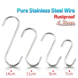 Heavy-duty 4.2mm stainless steel S-hooks in four sizes: 7cm, 9cm, 11cm, and 14cm lengths