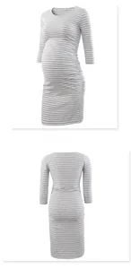 Detailed views of grey and white striped maternity bodycon dress with high elasticity