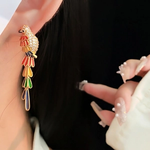 Vintage parrot enamel earrings with sparkling rhinestones and gold plating for women