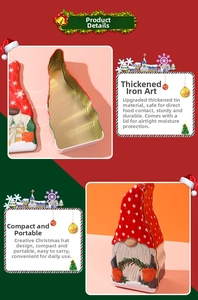Detailed macro view of festive metal gnome gift tin showing secure lid and metal interior