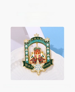 Detailed enamel Harbin Central Street souvenir brooch with Saint Sophia Cathedral and snowflake
