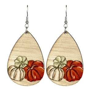 Retro bohemian teardrop wooden earrings with cute hand-painted pumpkin floral patterns