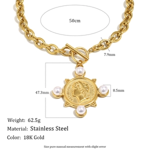 18K gold-plated stainless steel OT buckle necklace with coin pendant and pearl accent