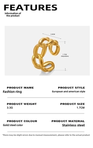 Macro detail of adjustable 18K gold plated stainless steel chain link ring and dimensions