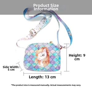Detail showing unicorn crossbody bag dimensions: 13cm length, 9cm height, 5cm width