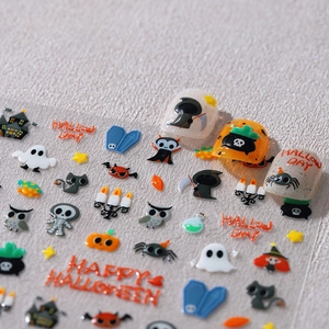 3D Halloween nail art stickers with orange pumpkins, ghosts and black cats designs