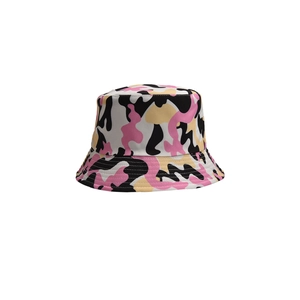 Pink and yellow camouflage bucket hat with reinforced stitching for outdoor sun protection