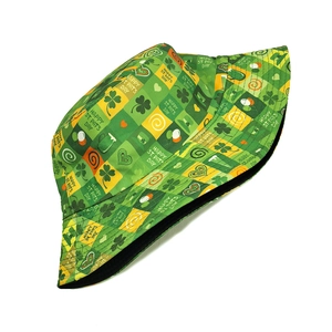 Detail of St. Patrick's Day bucket hat showing festive clover and beer glass patterns