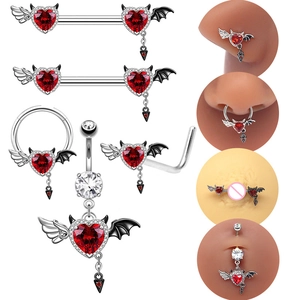 Gothic Stainless Steel Bat Wings Heart Red Zirconia Body Jewelry Nipple Ring Belly Button Ring Nose Stud For Women Punk Piercing Accessories