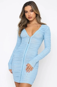 Detail of light blue mesh dress with elegant ruching and single-breasted button closure