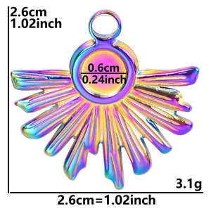 Macro shot of rainbow sunburst stainless steel pendant with size and weight specs