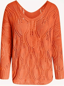 Maglione da donna arancione con scollo a V, lavorazione a maglia traforata e maniche lunghe