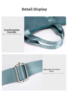 Detail of reinforced nylon handle and adjustable shoulder strap with metal buckle