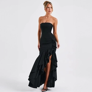 Elegant black off-shoulder fishtail dress with ruffled hem and high slit for summer fashion