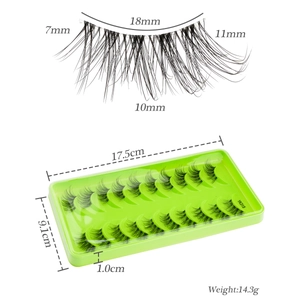 Close-up of 14 pairs natural thick wispy false eyelashes with clear band on green tray