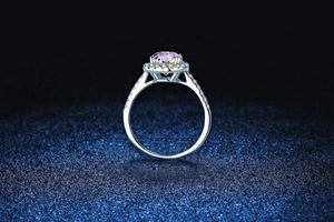 Side view of s925 silver ring with purple moissanite and micro-pave diamond accents