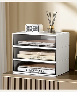 Three-layer desktop drawer organizer with white frame and clear panels for office storage