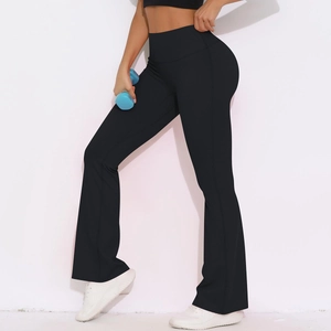 Detail of high waist flared yoga pants with butt-lifting effect and side pocket