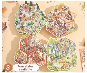 Detailed view of four artistic 3D interior scenery stickers featuring cute animal themes