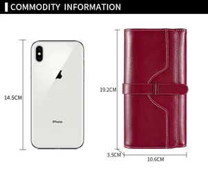 Size chart showing red leather wallet dimensions compared to an iPhone for scale