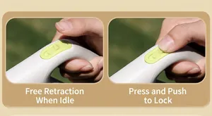 Detail of the retractable leash handle showing the yellow-green dual-mode locking slide