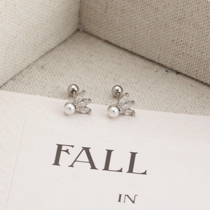 Detail of S925 silver stud earrings with marquise zircon, pearl, and screw back