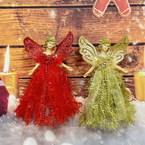 Red and gold standing Christmas angel figurines with glitter wings for home decoration