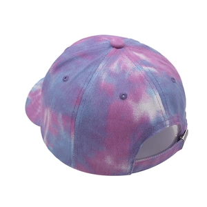 Detail view of the colorful tie-dye baseball cap with adjustable metal back buckle