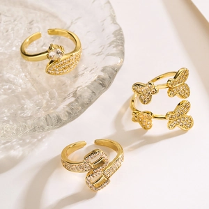 18K gold plated adjustable rings with zircon butterfly and leaf designs in a set