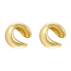 Minimalist golden C-shaped daisy floral stud earrings in a symmetric pair layout