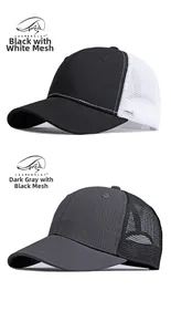 Detail view of cotton trucker hats with breathable mesh back in black and grey