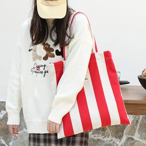 Casual red and white striped canvas tote bag with minimalist lettering and large capacity