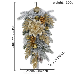 Detailed view of flocked Christmas teardrop swag with gold poinsettia and dimensions