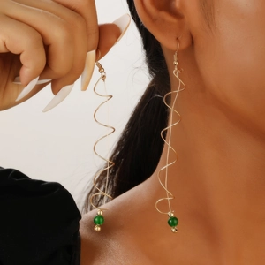 Ins style gold spiral earrings with turquoise beads for women in beach beach jewelry design