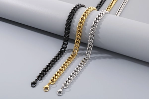 Three-color titanium steel Cuban link chains in gold silver and black with lobster clasps