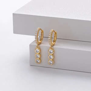 Elegant gold plated S925 silver hoop earrings with sparkling zircon drop pendants