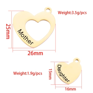 Golden mirror stainless steel heart pendants with Mother Daughter engraving and size specs