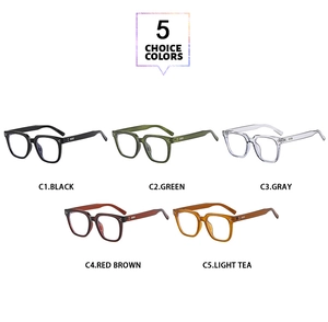 Detailed display of square fashion eyewear frames available in five assorted colors